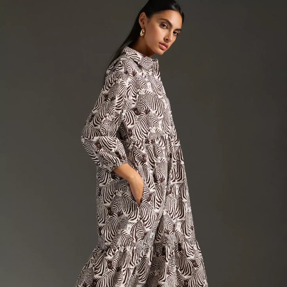 NWT Anthropologie Bettina Dress Shirt Buttondown Zebra Brown Small Petite